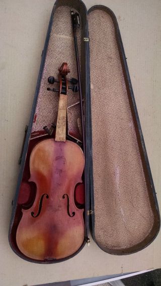 Vintage Stradivarius Copy Violin W/tiger Striping & W/wooden Coffin Case photo