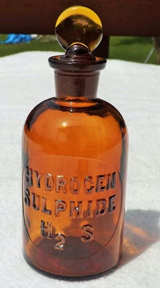 Antique Amber Apothecary Pharmacy Bottle Hydrogen Sulphide Chemical Name Below photo