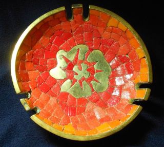 Rare 60s Red Salvador Teran Handmadeglass Mosaic Tile Brass Bowl Mexico Ashtray photo