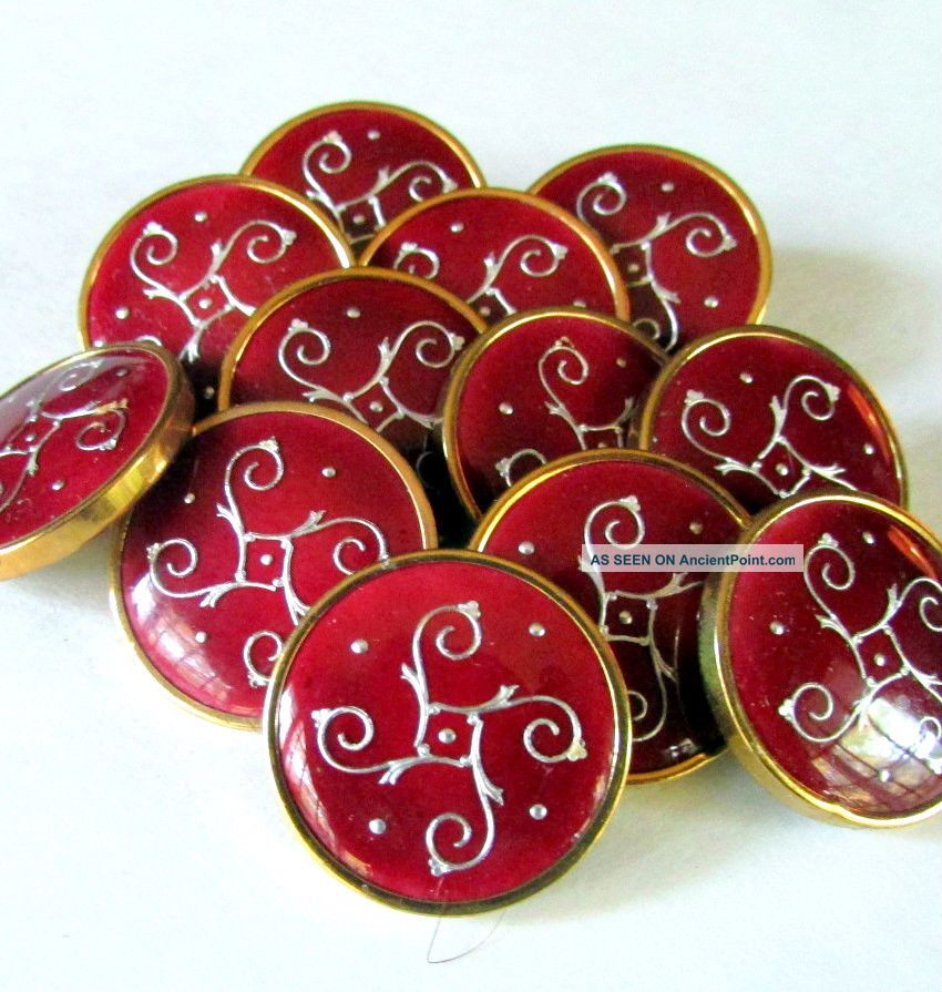 (1) Antique French Ruby Red Enamel Dore Button - Silver Pique Scroll Paillons Buttons photo