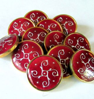 (1) Antique French Ruby Red Enamel Dore Button - Silver Pique Scroll Paillons photo