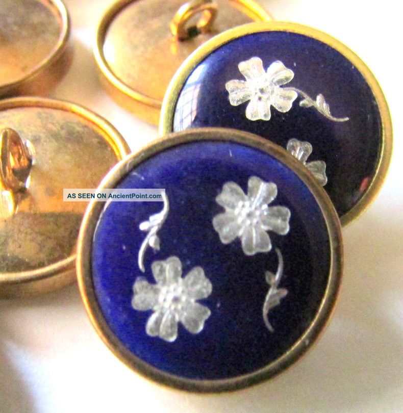 (1) Antique French Royal Blue Enamel Dore Button - Silver Pique Flower Paillons Buttons photo