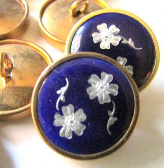 (1) Antique French Royal Blue Enamel Dore Button - Silver Pique Flower Paillons photo
