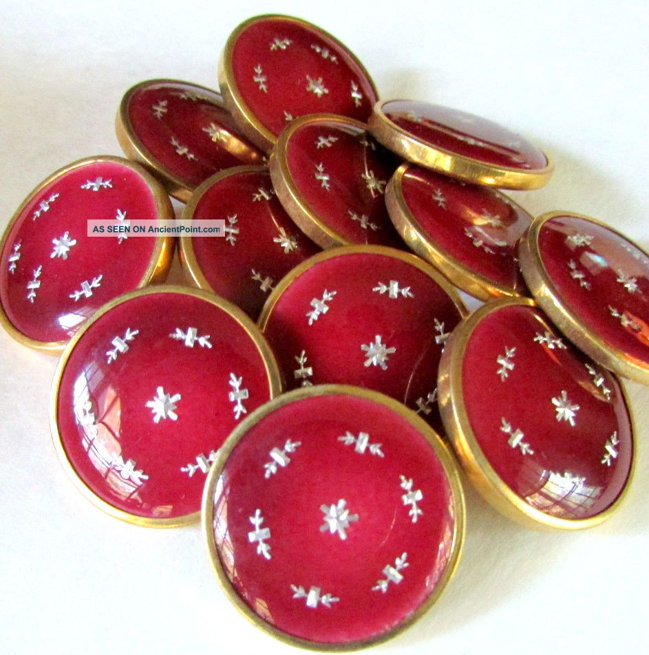 (1) Antique French Ruby Red Enamel Dore Button - Silver Pique Snowflake Paillons Buttons photo