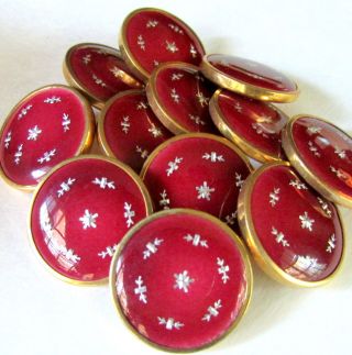 (1) Antique French Ruby Red Enamel Dore Button - Silver Pique Snowflake Paillons photo