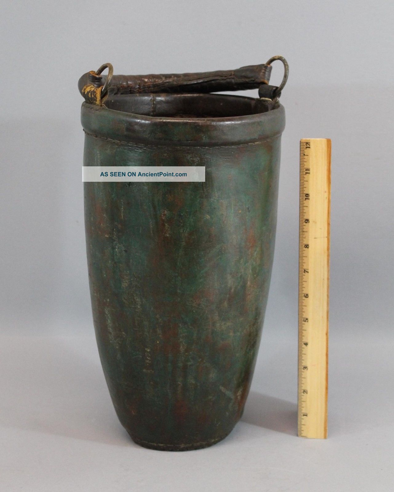 Antique 19thc England Primitive Leather Fire Bucket,  Green Paint Nr Other Mercantile Antiques photo