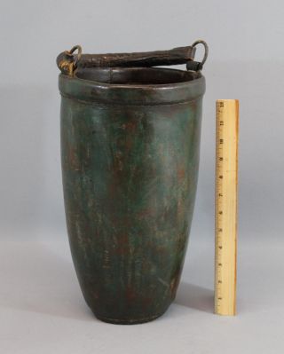 Antique 19thc England Primitive Leather Fire Bucket,  Green Paint Nr photo