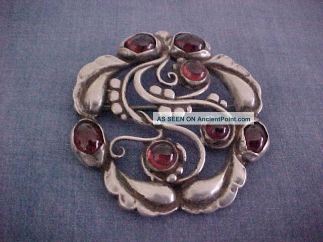 Georg Jensen Sterling Denmark Flower Brooch 159 Garnets Arts Crafts Silver 925s Other Antique Sterling Silver photo