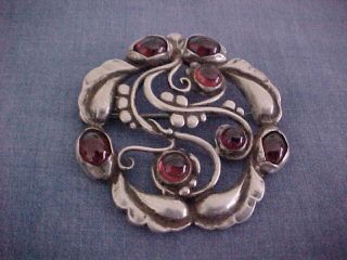 Georg Jensen Sterling Denmark Flower Brooch 159 Garnets Arts Crafts Silver 925s photo