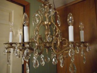 Antique Brass & Glass Prism Ceiling Chandelier - 8 Candle Arms Ornate Design photo