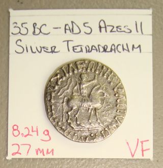 35 Bc - Ad 5 Azes Ii Ancient Greek Indo - Scythina Kingdom Silver Tetradrachm Vf photo