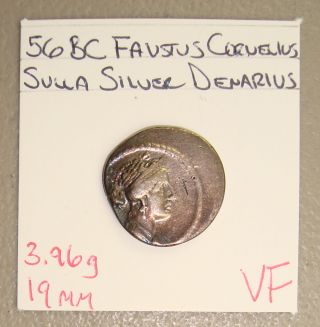 56 Bc Faustus Cornelius Sulla Ancient Roman Republic Silver Denarius Vf photo