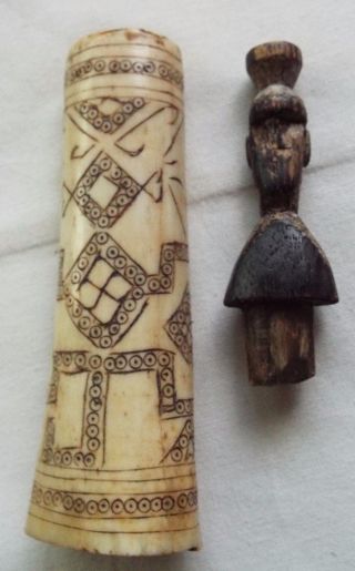 Rare Antique Tribal Scrimshaw Bone Powder Horn / Medicine Horn photo