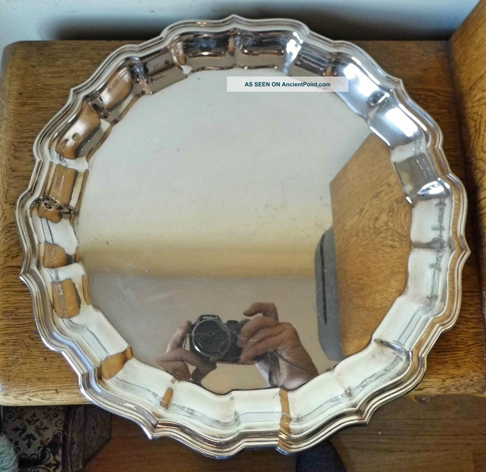 Vintage Silver Plated Circular Drinks Tray Ornate Raised Scalloped Rim Platters & Trays photo
