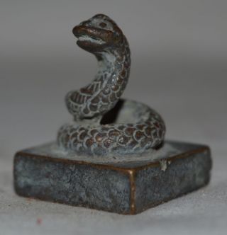 China Ancient Old Small Bronze Seal Hand Carved Beast Snake Statue Stamp Rare铜印章 photo