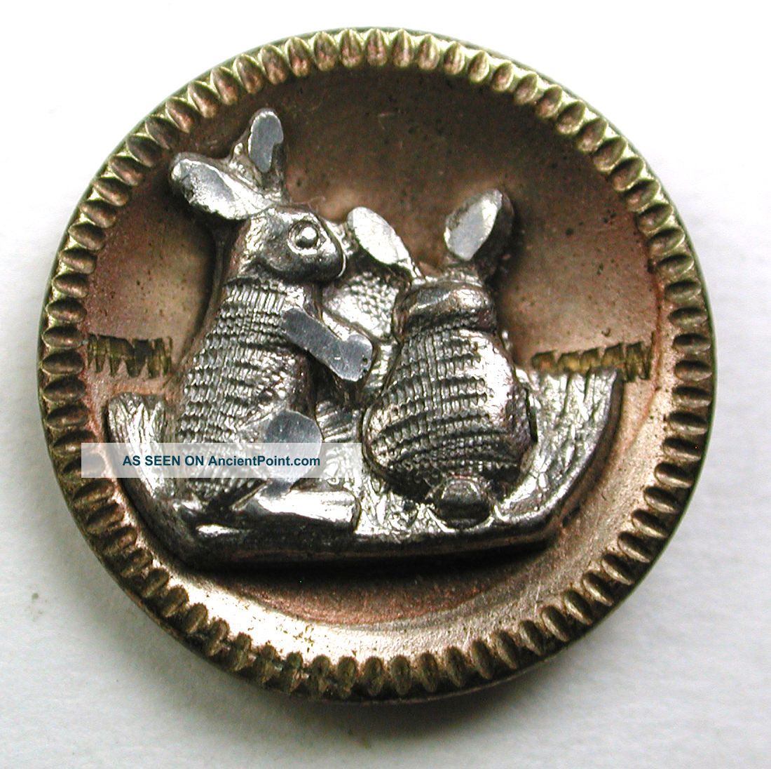 Antique Metal Cup Button 2 Cute Rabbits Design - 9/16 