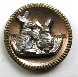 Antique Metal Cup Button 2 Cute Rabbits Design - 9/16 