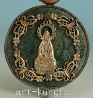 Chinese Tibet Old Copper Inlay Jade Kwan - Yin Statue Pendant Netsuke Decoration photo