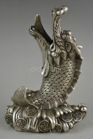 China Collectible Decorate Water God Old Tibet Silver Fish Dragon Jump Statue photo