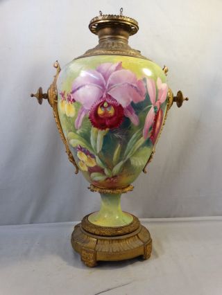 Lg Antique Art Nouveau Era Flower Painting Victorian Porcelain Oil Banquet Lamp photo