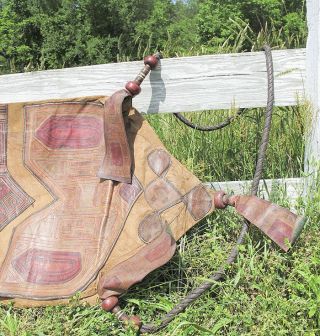 Huge Antique Ornate Pattern Leather African Saddle Bag W/straps Nr Yqz photo