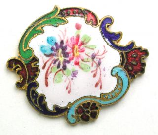Antique French Enamel Button Colorful Flowers W/ Fancy Border Champleve Border photo