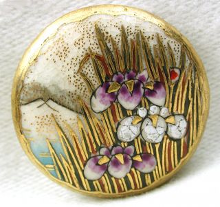 Antique Meiji Satsuma Button Iris Flowers Mt.  Fuji & Lake W/ Gold Accents - 7/8 