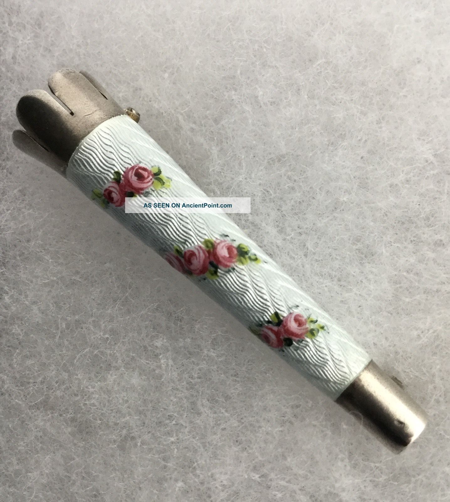 Antique 800 Silver & Guilloche Enamel Roses Posy Holder Brooch ' Tussie Mussie ' Other Antique Sterling Silver photo