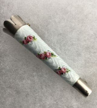 Antique 800 Silver & Guilloche Enamel Roses Posy Holder Brooch ' Tussie Mussie ' photo