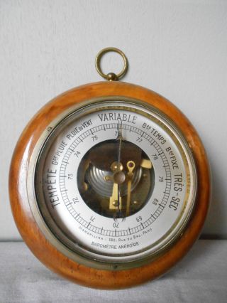 Vintage French Wood And Brass Barometer Aneroide.  Paris photo