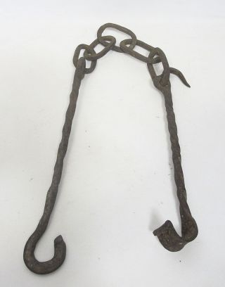 Antique 18th/19th Century Primitive Wrought Iron Double Hook & Chains Hanger Yqz photo