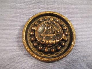 Antique 2 Pc.  All Brass Picture Button - Sailboat In Sea Shell / Je 45 photo