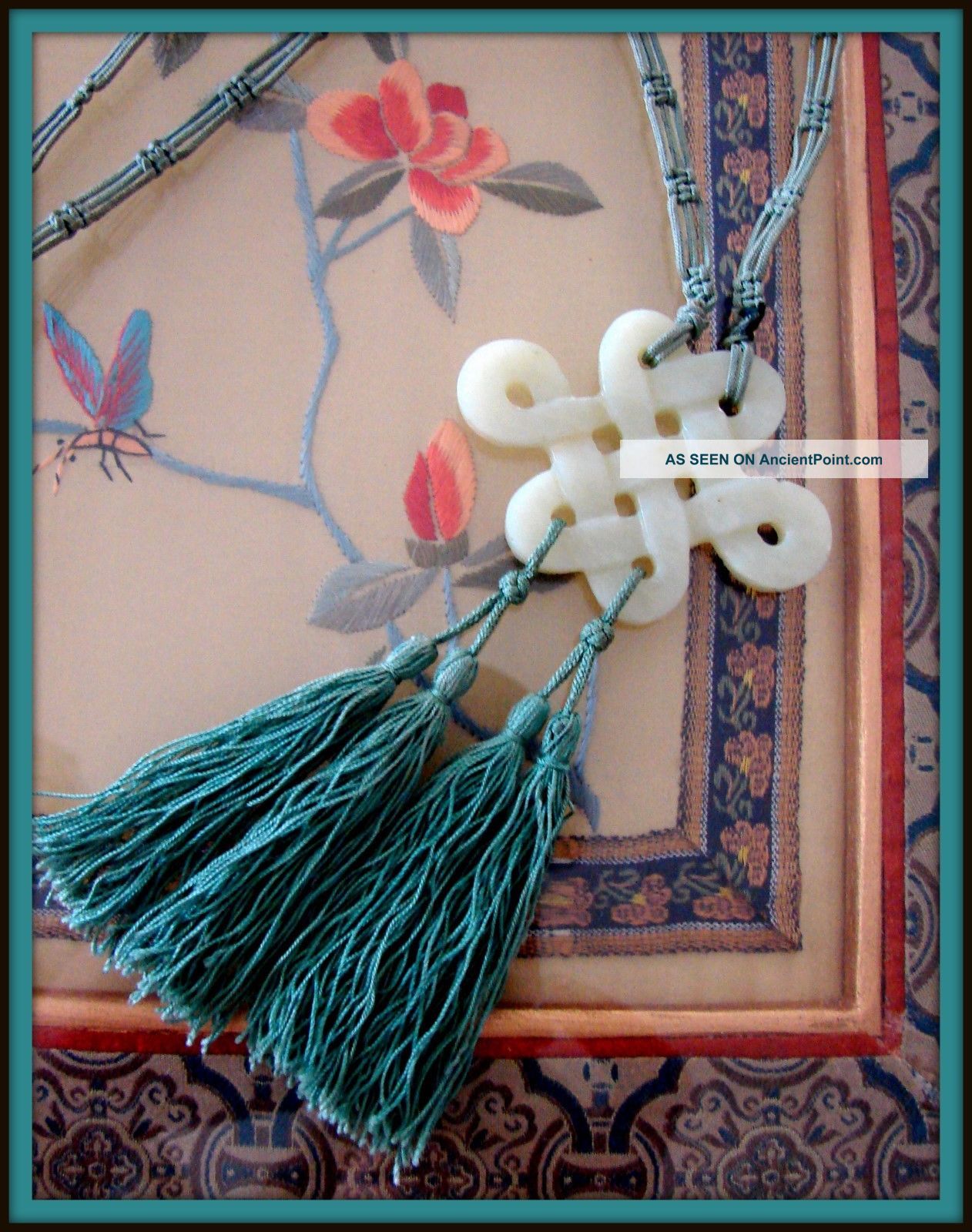 Chinese Carved Nephrite Jade Gold Flk Eternal Endless Knot Pendant Silk Necklace Necklaces & Pendants photo