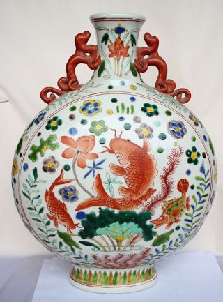 Chinese Hand Painted Famille Rose Fish Lotus Water Grass Porcelain Vases photo