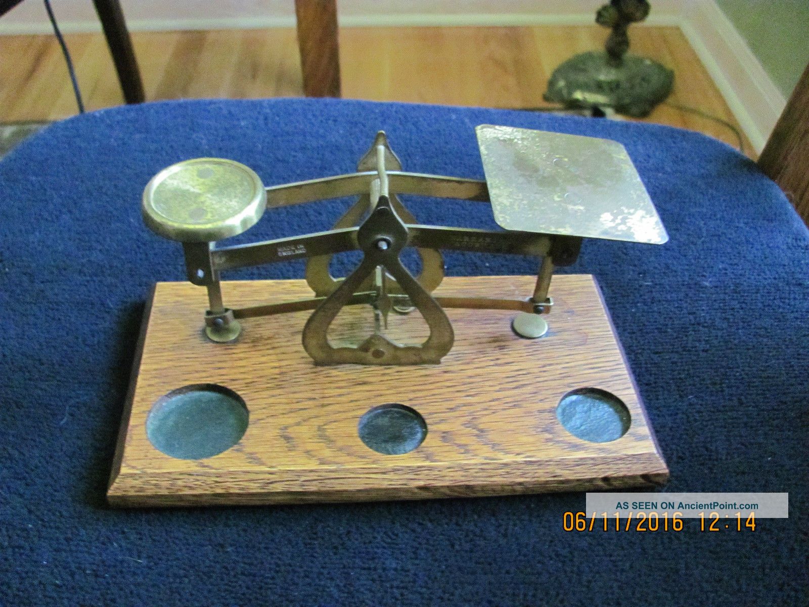 Antique Small Brass Scale On Oak Base Scales photo