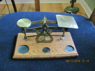 Antique Small Brass Scale On Oak Base photo
