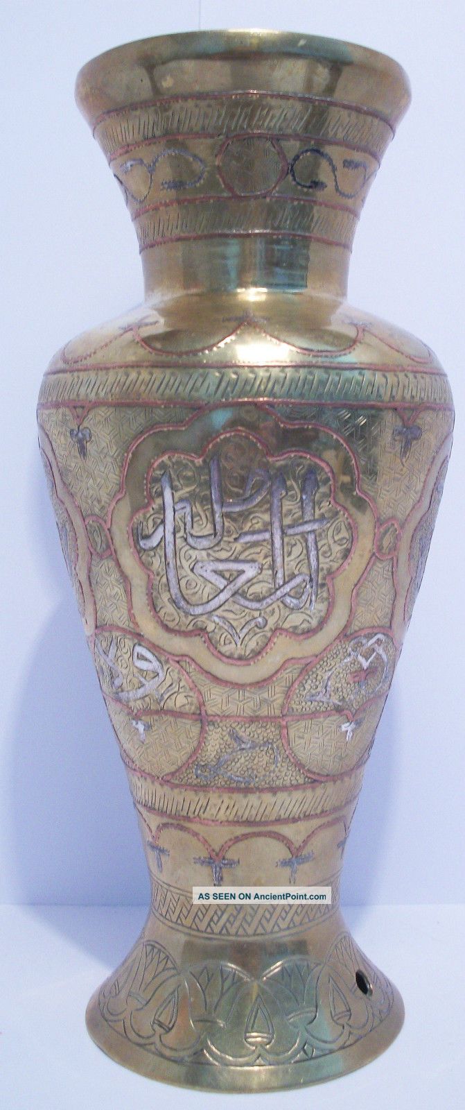 A 20th Century Cairoware Brass Vase/lamp Base Silver/copper Overlay Middle East photo