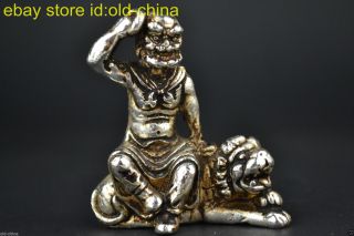 Collectible China Buddhism Buddha Ride Lion Decor Statue Old Tibet Silver Made photo