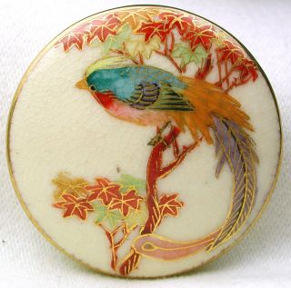 Antique Satsuma Button Meiji Era Colorful Large Bird On Maple Branch 1 & 3/4 