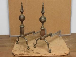 Rare American Federal 18th C Brass Steeple Top Andirons Faceted Urn Scrolled Leg photo