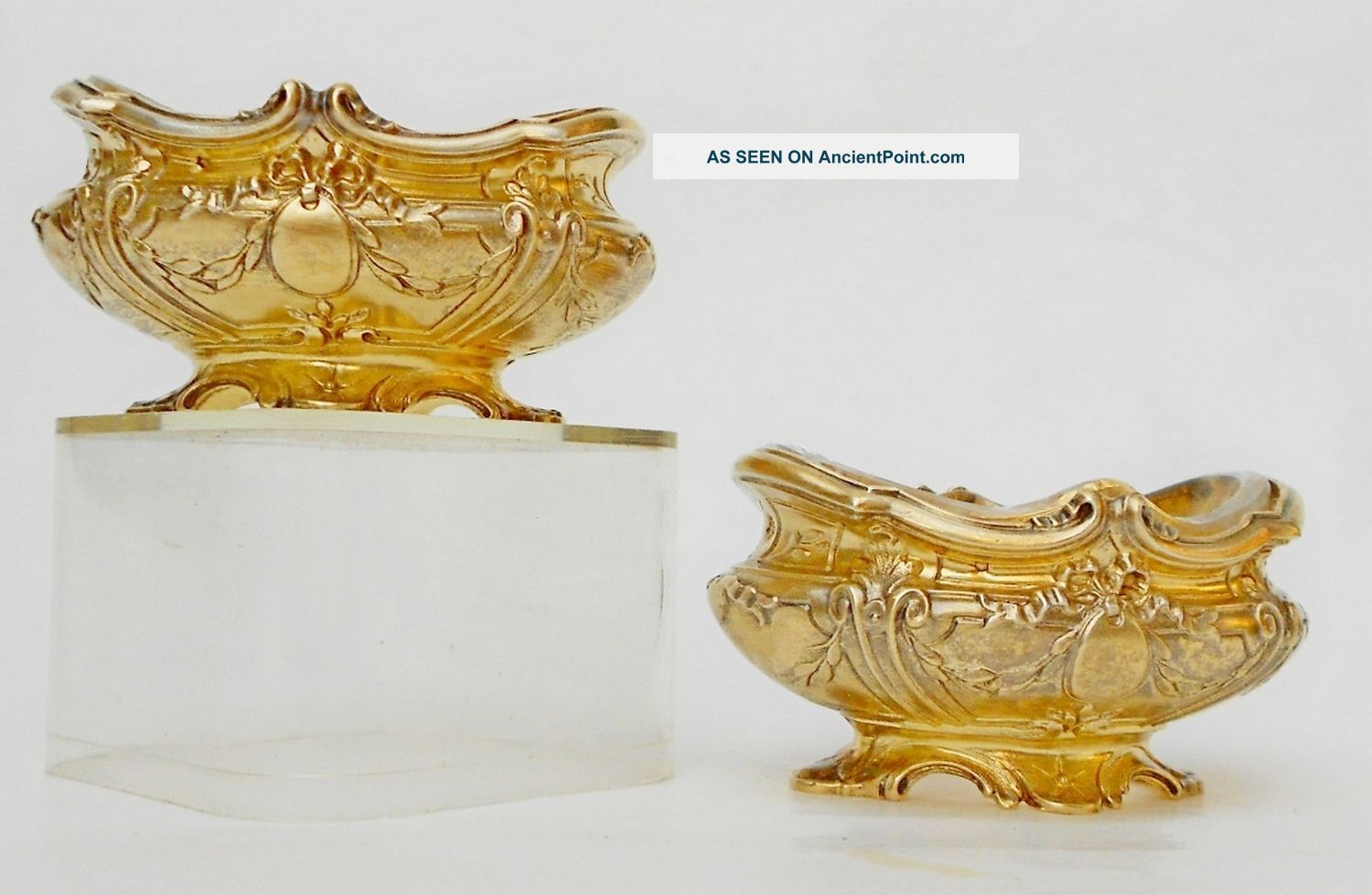 Antique 19ct French Silver Vermeil Salt Cellar Pair In Form Of Jardiniere Empire France photo