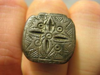 Ancient Massive Roman Bronze Ring With Decorated Cross In Bezel Wearable photo