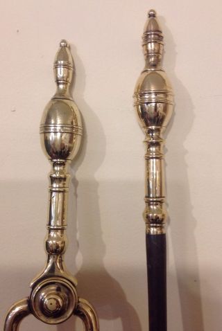 Antique 18/19th Century Brass Double Lemon Top Andirons W Tools Shovel & Tongs photo