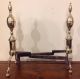 Antique 18/19th Century Brass Double Lemon Top Andirons W Tools Shovel & Tongs Hearth Ware photo 6
