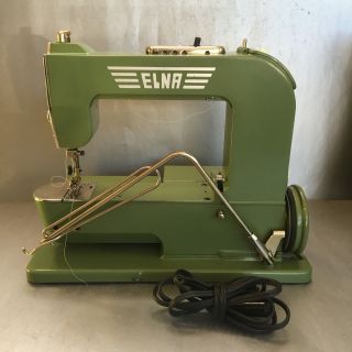 Antique Portable Elna Swiss Sewing Machine Metal With Case Green Vintage photo