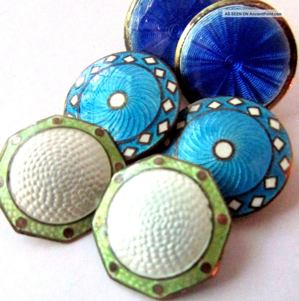 (6) Antique English Edwardian & Other Sterling Silver Guilloche Enamel Buttons Buttons photo
