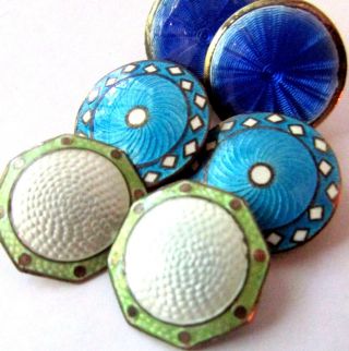 (6) Antique English Edwardian & Other Sterling Silver Guilloche Enamel Buttons photo