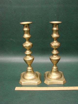 Antique Diamond Beehive Push Up Brass Candlesticks Candle Holders 11 1/2 photo