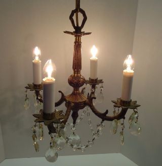 Antique Vintage Spanish Small Brass And Crystal Chandelier 4 Arms 21,  Prisms photo
