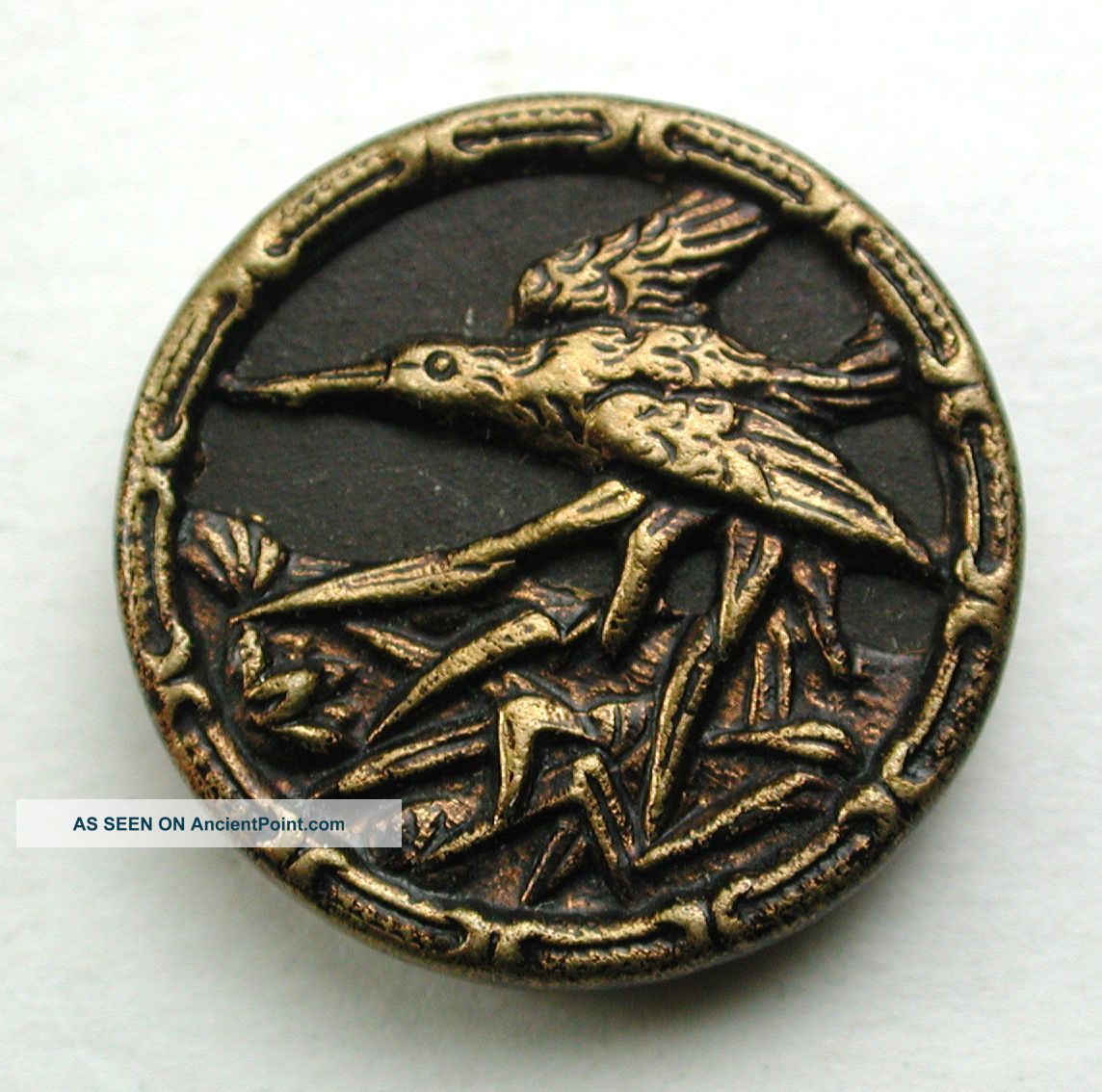 Antique Brass Button Crane Flying Over A Marsh Pictorial - 5/8 